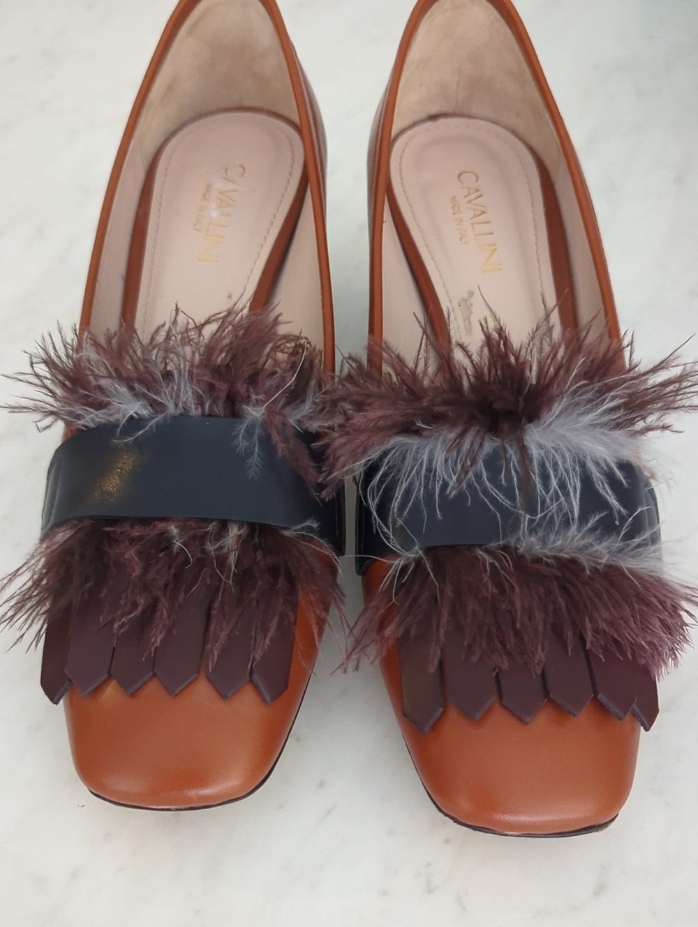 Brown Feather-Trim Leather Loafers